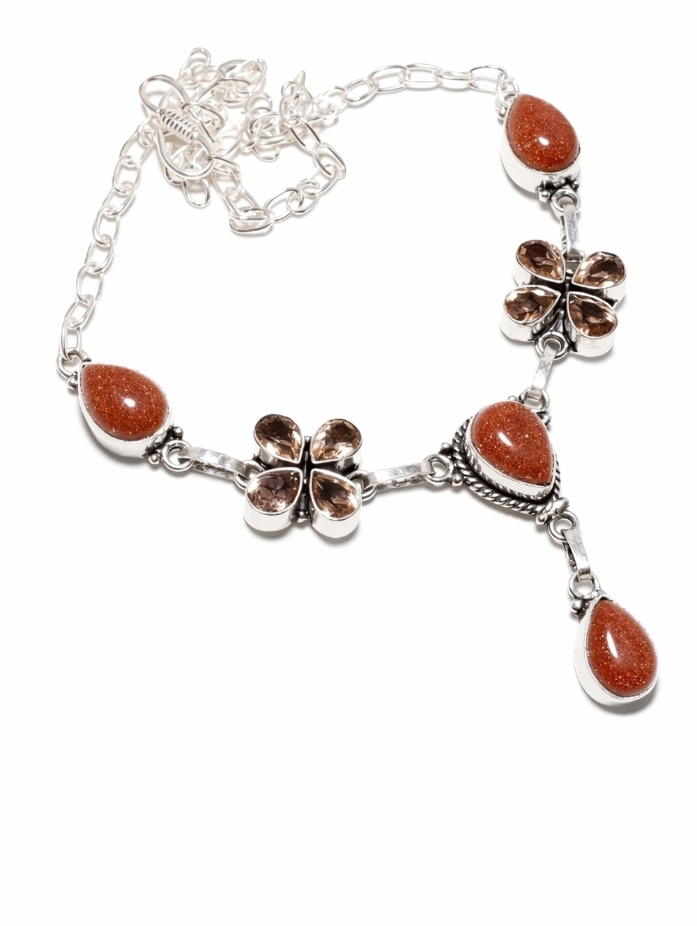 Red Sun Stone Morganite quartz .925 necklace